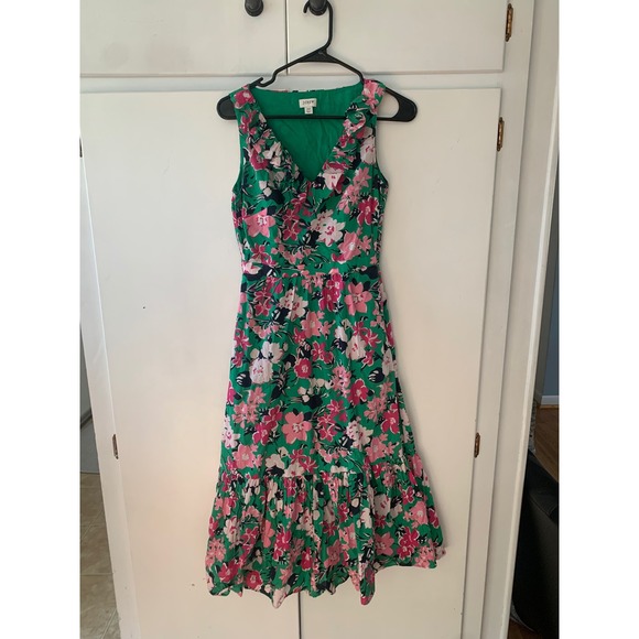 J. Crew Dresses & Skirts - J. Crew‎ Floral Ruffle Neck Sleeveless Midi Dress Green Pink Size 00